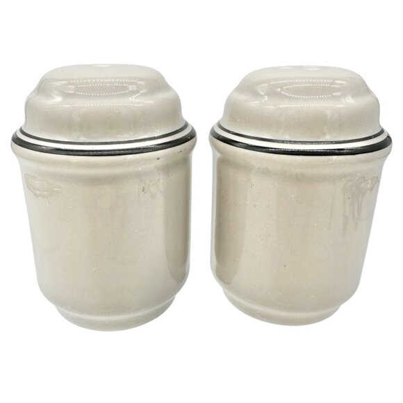 Vintage Art Deco Ceramic Salt and Pepper Shakers Gray w Black Stripes Lettering - Picture 2 of 6